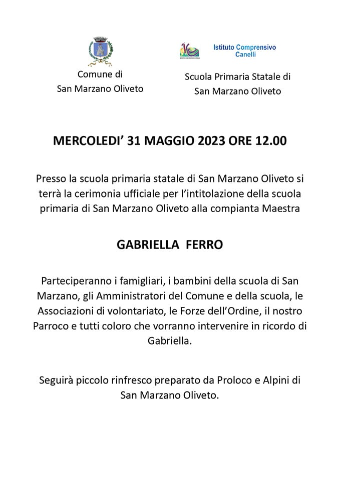 San Marzano Oliveto | Intitolazione scuola a Gabriella Ferro